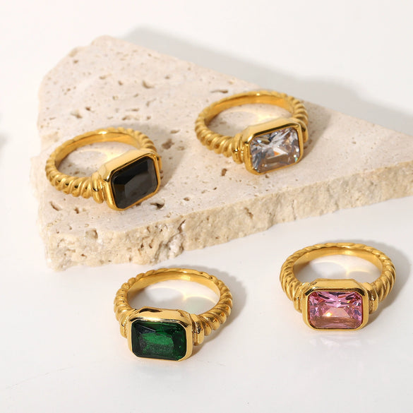 Jewelry Women's Retro Rectangular Emerald Pink Zircon Stainless Steel Geometric Ring Electroplated