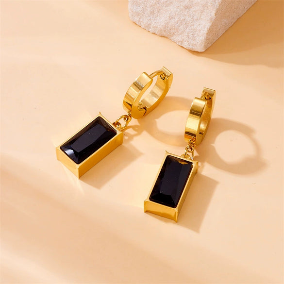 Jewelry Women's Vintage Inlaid Black Gem Square Stainless Steel Electroplating Snake Bone Chain Pendant Ring Earrings Necklace Suit