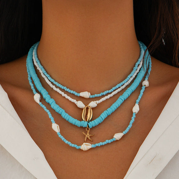 Jewelry Zinc Alloy Resin Beaded Necklace With Starfish Shell Star Shape Retro Electroplating For Women