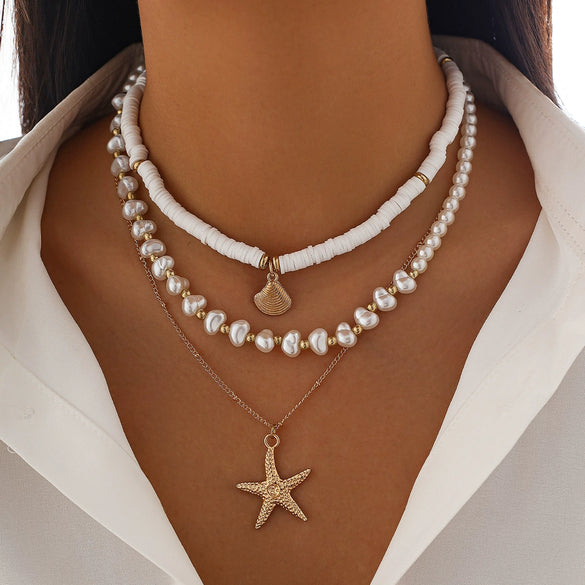 Jewelry Zinc Alloy Resin Beaded Necklace With Starfish Shell Star Shape Retro Electroplating For Women