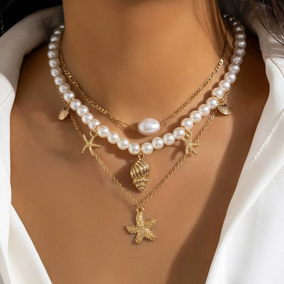 Jewelry Zinc Alloy Resin Beaded Necklace With Starfish Shell Star Shape Retro Electroplating For Women