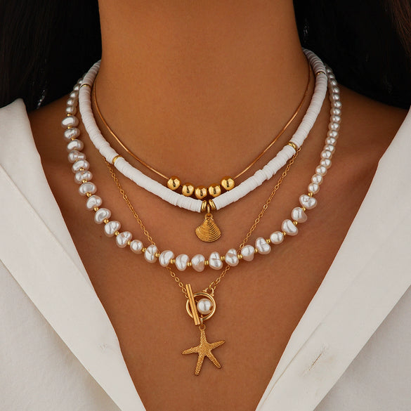 Jewelry Zinc Alloy Resin Beaded Necklace With Starfish Shell Star Shape Retro Electroplating For Women
