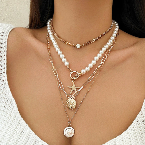 Jewelry Zinc Alloy Resin Beaded Necklace With Starfish Shell Star Shape Retro Electroplating For Women