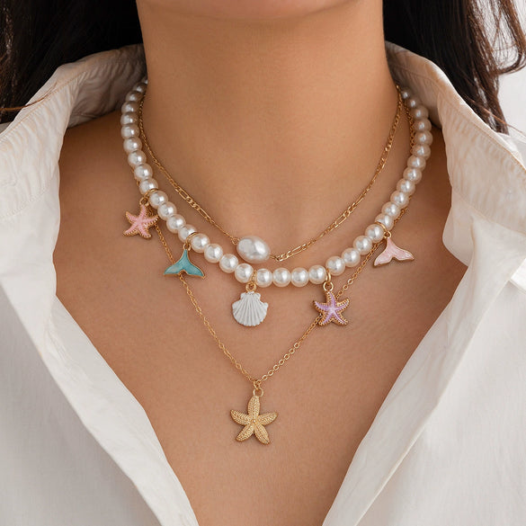 Jewelry Zinc Alloy Resin Beaded Necklace With Starfish Shell Star Shape Retro Electroplating For Women