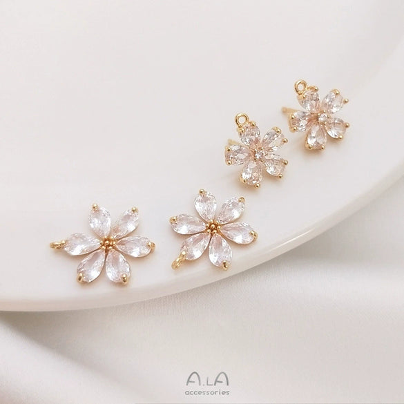 14K Gold Color Retention Natural Zircon Floral Jewelry Set Flower Pendant Ring And Earrings Handmade Diy Jewelry Accessories