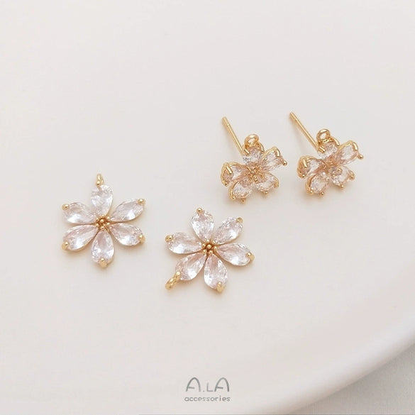14K Gold Color Retention Natural Zircon Floral Jewelry Set Flower Pendant Ring And Earrings Handmade Diy Jewelry Accessories
