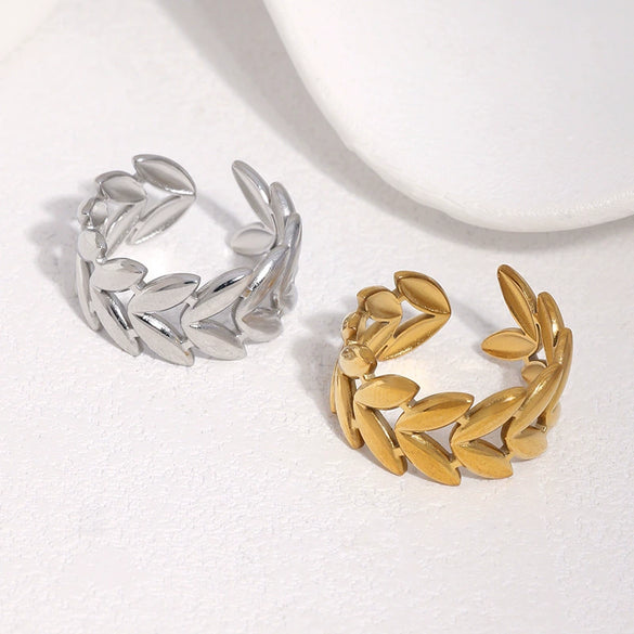 18K Gold Plated Stainless Steel Open Ring For Women With Minimalist Leaf Design And Electroplated Finish