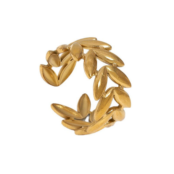 18K Gold Plated Stainless Steel Open Ring For Women With Minimalist Leaf Design And Electroplated Finish