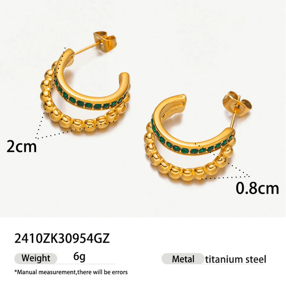 18K Goldplated Stainless Steel Cshaped Pearl Doublelayer Gold Beads Inlaid With Green Diamond Women's Earrings