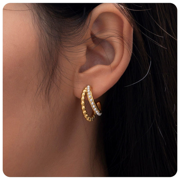 18K Goldplated Stainless Steel Cshaped Pearl Doublelayer Gold Beads Inlaid With Green Diamond Women's Earrings