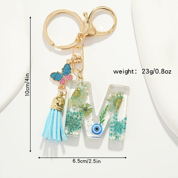 Key Ring Pendant With Dried Flower Letter Pattern Fashion Style Dripping Glue Process