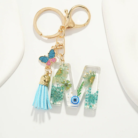 Key Ring Pendant With Dried Flower Letter Pattern Fashion Style Dripping Glue Process