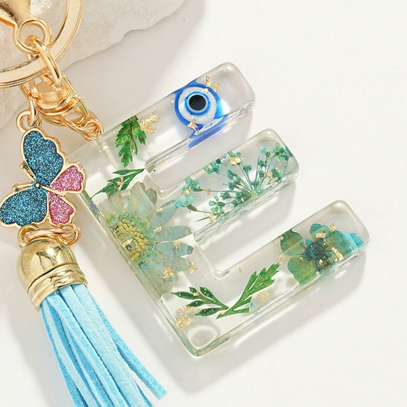 Key Ring Pendant With Dried Flower Letter Pattern Fashion Style Dripping Glue Process