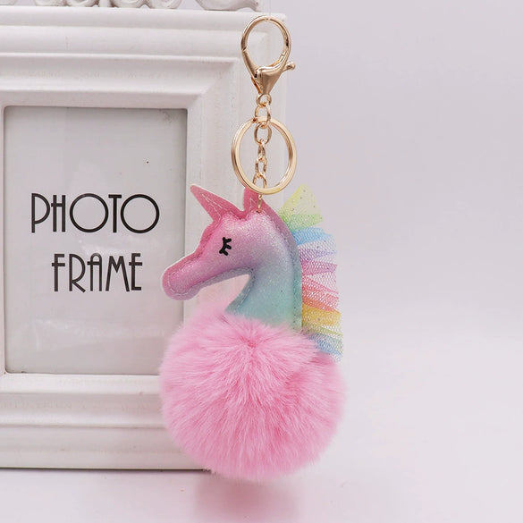 Keychain Plush Pu Leather Unicorn Fur Ball