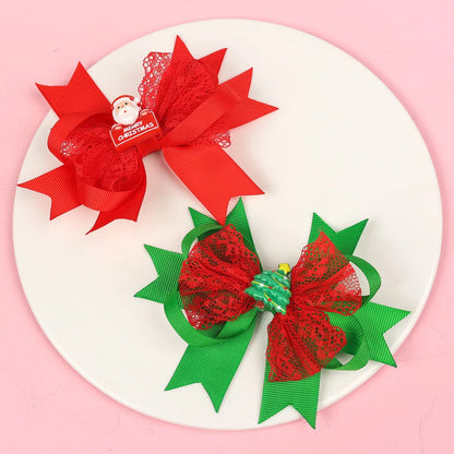 Kid'S Cute Christmas Tree Santa Claus Bow Knot Alloy Threaded Braid Lace Hair Clip