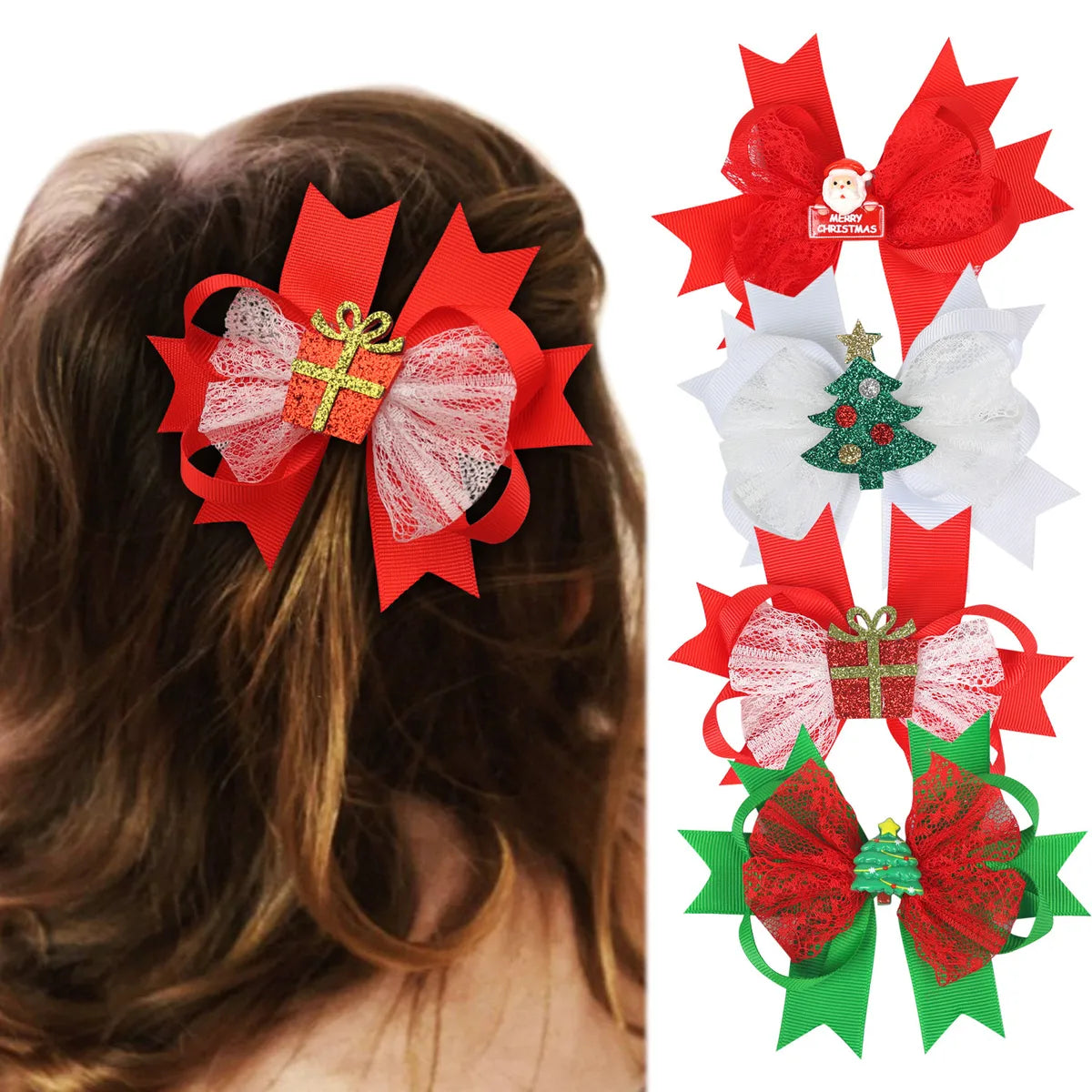 Kid'S Cute Christmas Tree Santa Claus Bow Knot Alloy Threaded Braid Lace Hair Clip