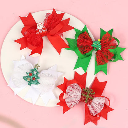 Kid'S Cute Christmas Tree Santa Claus Bow Knot Alloy Threaded Braid Lace Hair Clip