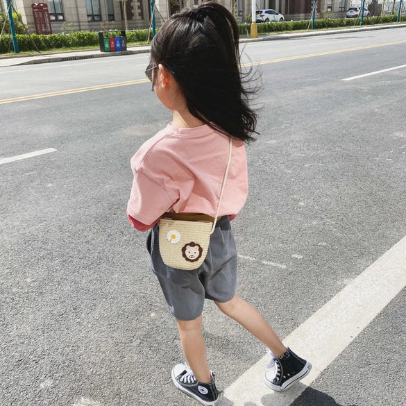 Kid'S Small Straw Animal Cute Bucket Zipper Crossbody Bag