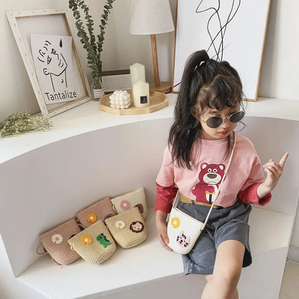 Kid'S Small Straw Animal Cute Bucket Zipper Crossbody Bag