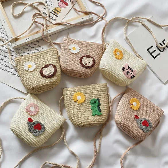 Kid'S Small Straw Animal Cute Bucket Zipper Crossbody Bag