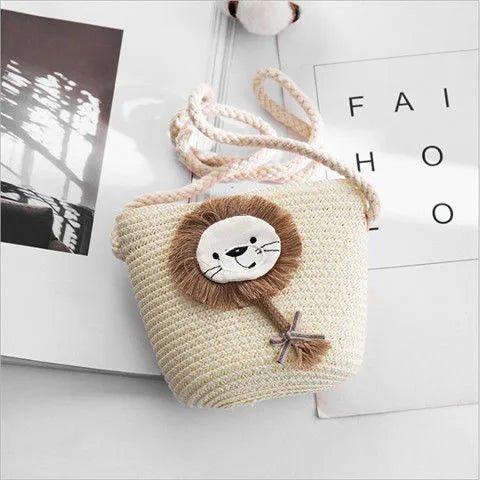 Kid'S Small Straw Animal Cute Bucket Zipper Crossbody Bag