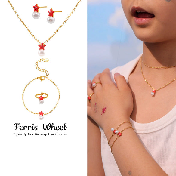 Kids' Jewelry Set Ferris Wheel Pearl Star Necklace Bracelet Ring Earrings Titanium Steel Goldplated