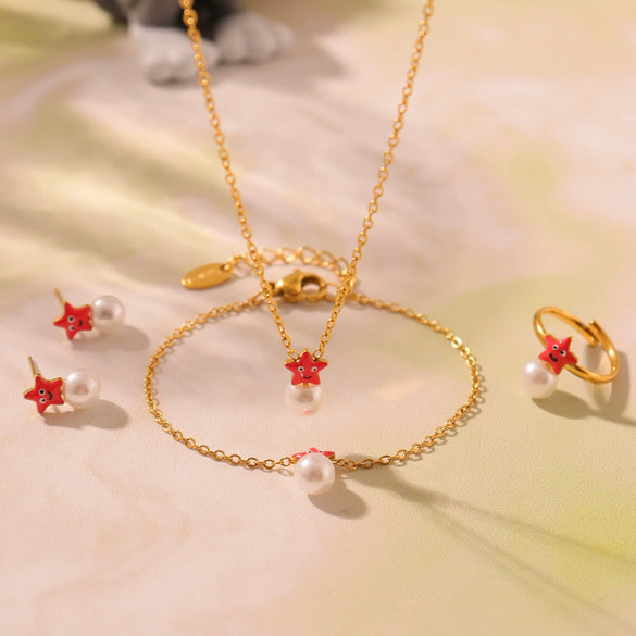 Kids' Jewelry Set Ferris Wheel Pearl Star Necklace Bracelet Ring Earrings Titanium Steel Goldplated