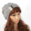 Knitted Acrylic Women's Hat With Hollow Leaves Lace Button Jacquard Patchwork Design