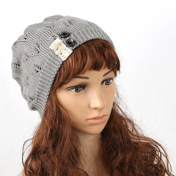 Knitted Acrylic Women's Hat With Hollow Leaves Lace Button Jacquard Patchwork Design