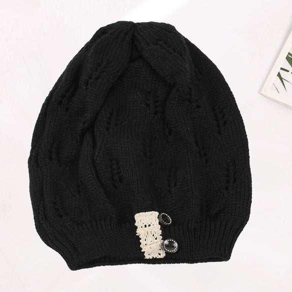 Knitted Acrylic Women's Hat With Hollow Leaves Lace Button Jacquard Patchwork Design