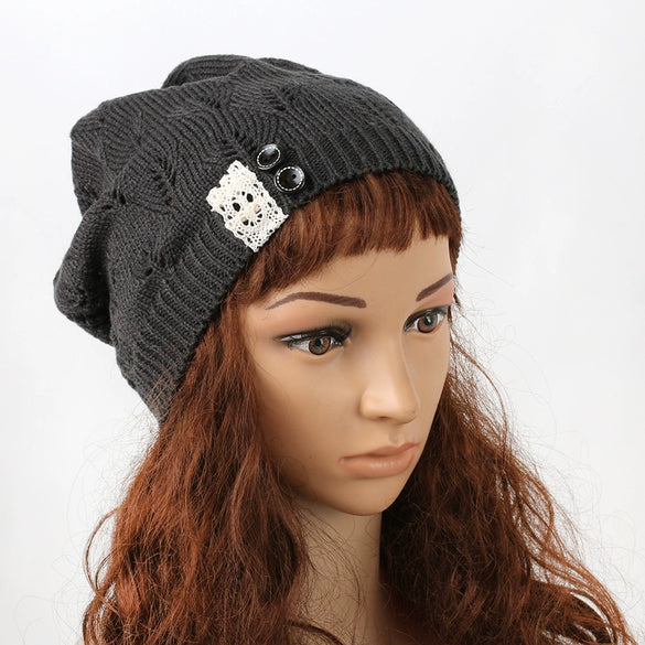Knitted Acrylic Women's Hat With Hollow Leaves Lace Button Jacquard Patchwork Design
