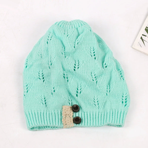 Knitted Acrylic Women's Hat With Hollow Leaves Lace Button Jacquard Patchwork Design