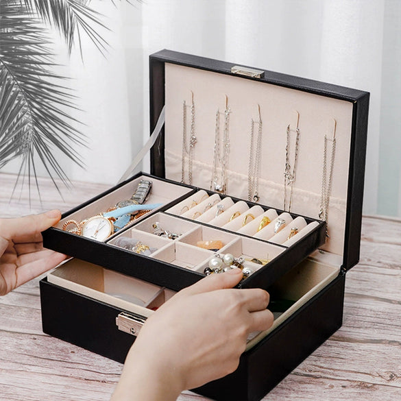 Knockon Opening And Closing Door Doublelayer Leather Jewelry Storage Box For Ring Necklace