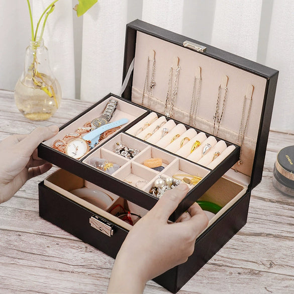 Knockon Opening And Closing Door Doublelayer Leather Jewelry Storage Box For Ring Necklace