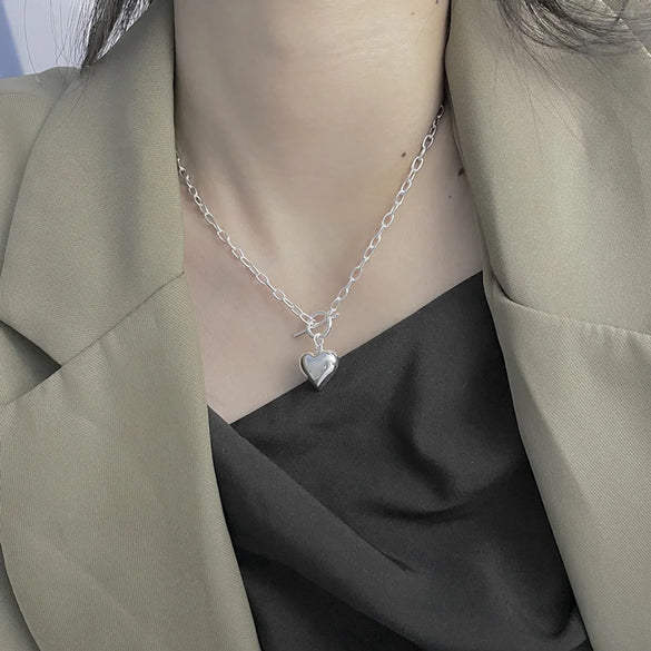 Korea Retro 925 Sterling Silver Heart Necklace Female Ot Buckle Necklace Wholesale