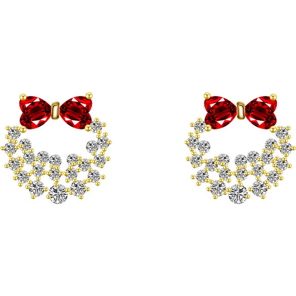 Korean Bow Rhinestone Heart-shape Alloy Earrings