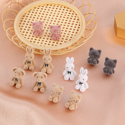 Korean Cartoon Cute Flocking Bear Earrings 925 Silver Needle Plush Rabbit Cat Earrings