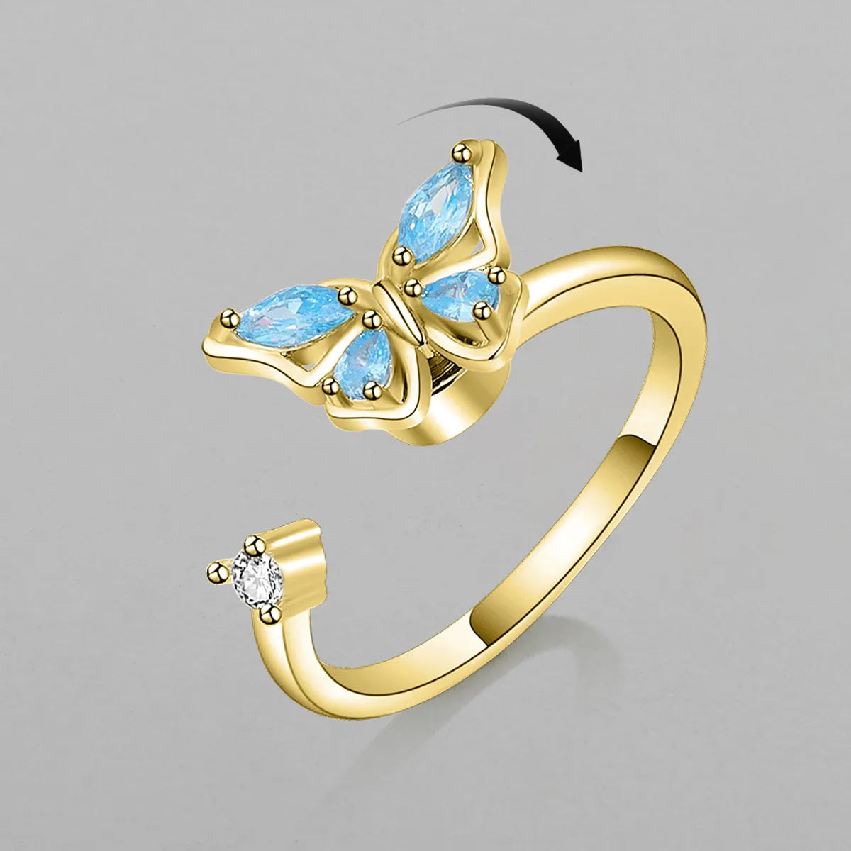 Korean Copper Micro-inlaid Zircon Color Butterfly Rotating Open Ring