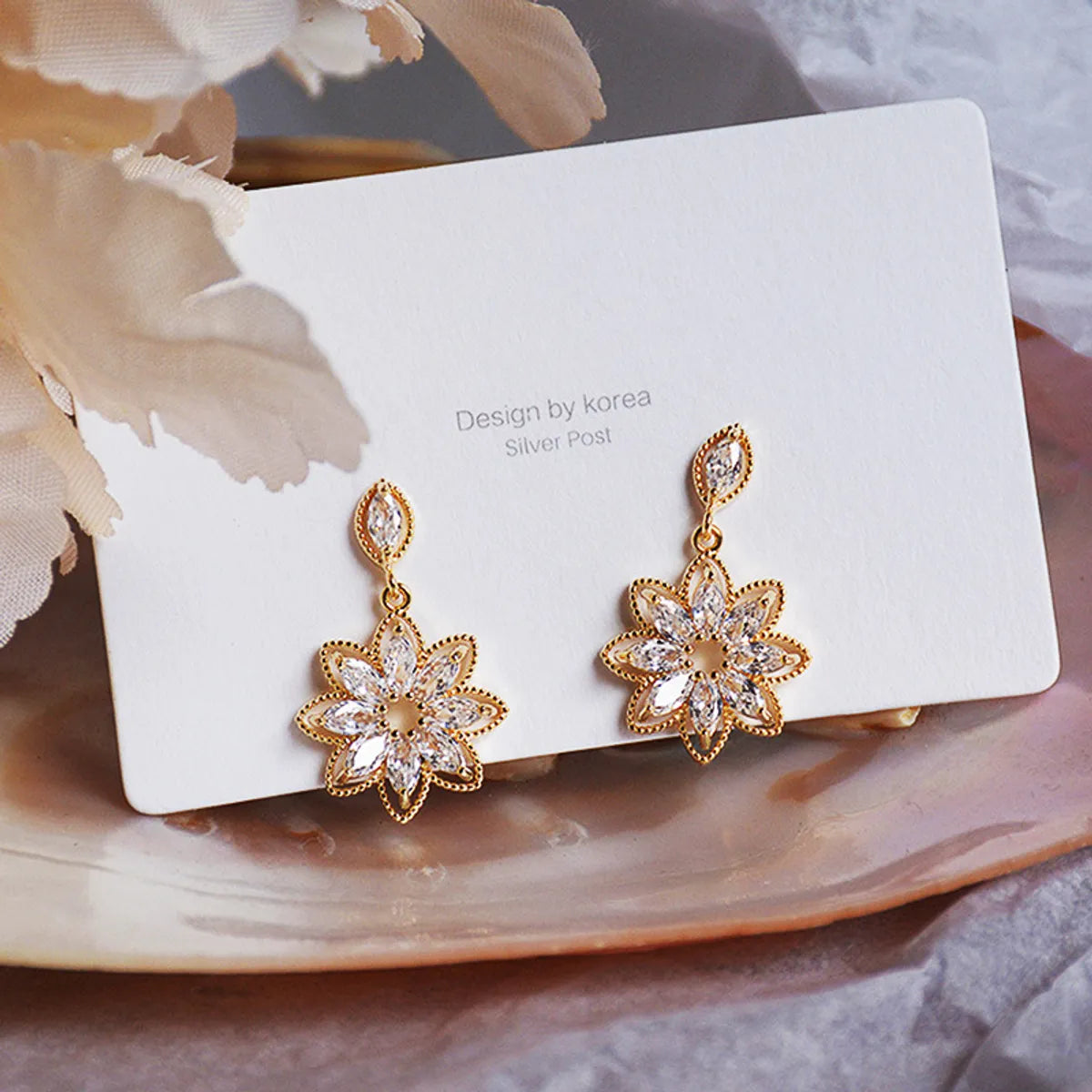 Korean Copper Micro-set Zircon Crystal Flower Earrings Female