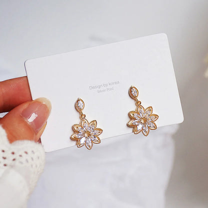 Korean Copper Micro-set Zircon Crystal Flower Earrings Female