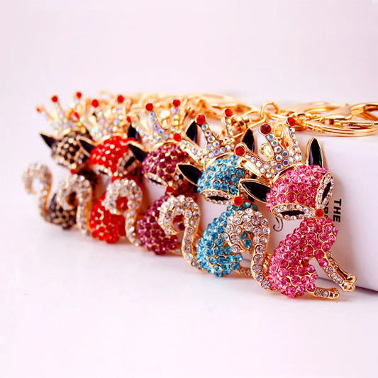 Korean Creative Cute Cartoon Crystal Crown Little Fox Keychain