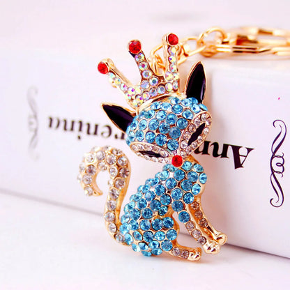 Korean Creative Cute Cartoon Crystal Crown Little Fox Keychain