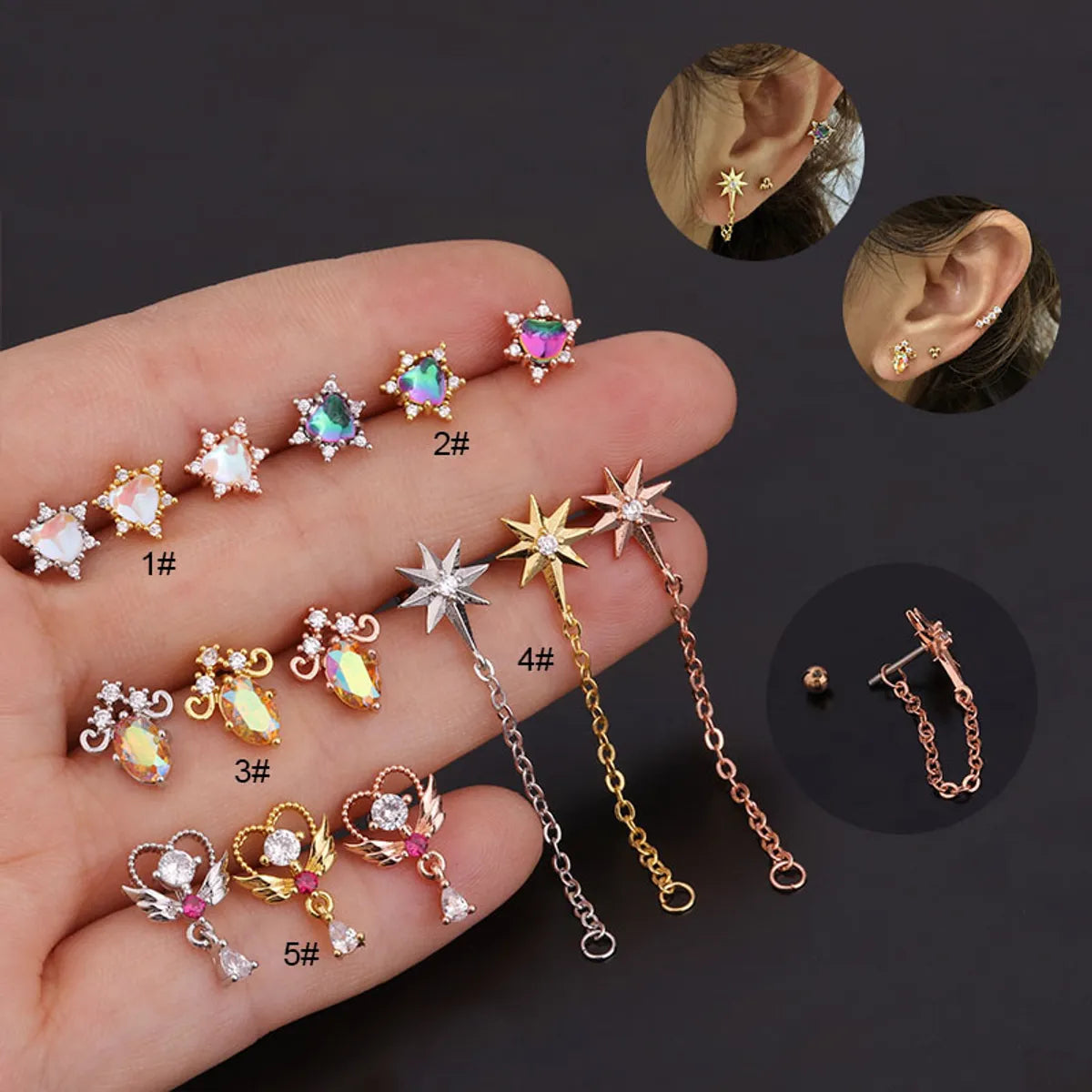 Korean Creative Inlaid Colorful Zircon Flower Piercing Stainless Steel Thread Earrings