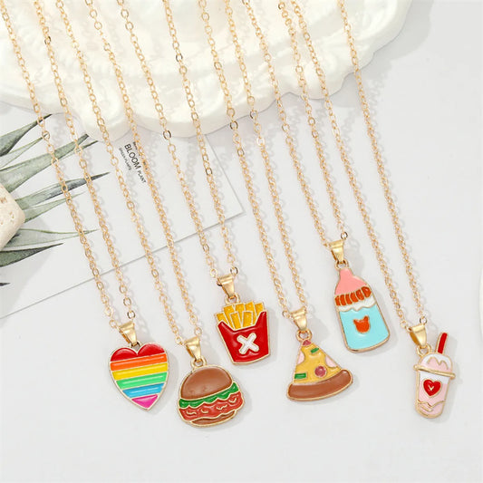 Korean Creative Personality Alloy Dripping Oil French Fries Pizza Food Pendant Necklace