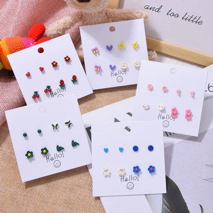 Korean Fashion Flower Bow 6 Pairs Of Earrings Set New Pearl Earrings