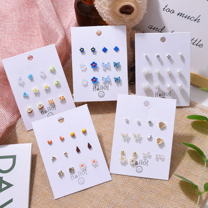 Korean Fashion Flower Bow 6 Pairs Of Earrings Set New Pearl Earrings