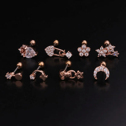 Korean Fashion Flower Zircon Ear Bone Nails Stainless Steel Screw Earrings