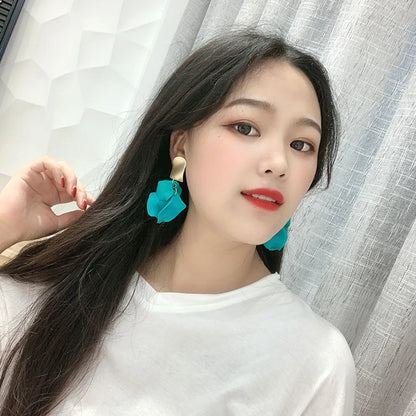 Korean Fashion Geometric Rose Flower Exaggerated Long Alloy Earrings