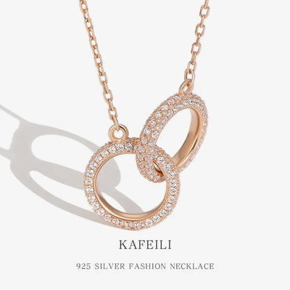 Korean Female Design Full Diamond Double Ring Pendant S925 Silver Necklace Wholesale