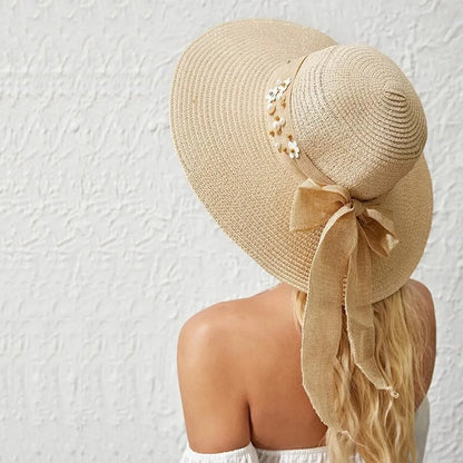 Korean Flower Hemp Strap Straw Hat Women Wide-Brimmed Sunshade Cap